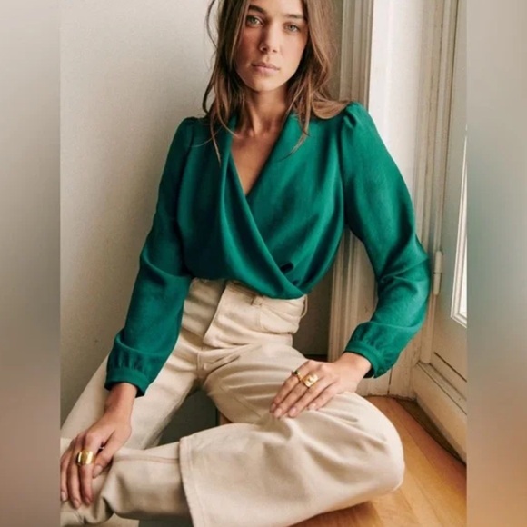 Sezane Tops - Sézane Abélia Blouse Bottle Green – Wrap Style Long Sleeve Top NWT US 8 / EU 40